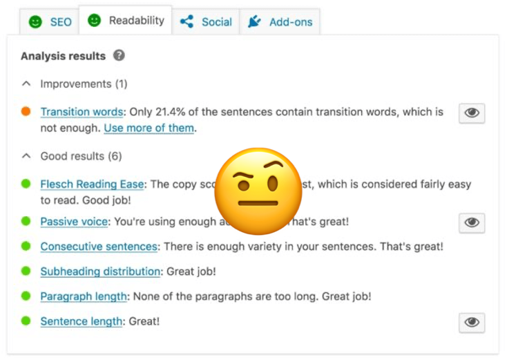 yoast seo reability score met verdachte emoji overlay