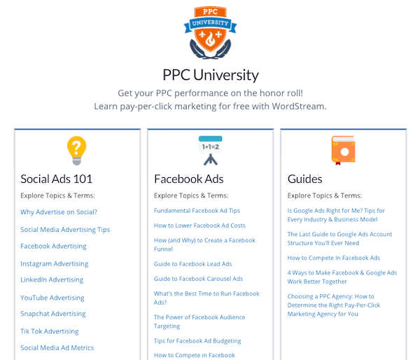 gratis social media marketing cursussen: wordstream ppc universitaire sociale advertenties 101 cursus screenshot