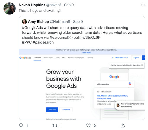 navah hopkins tweet over google zoektermen update