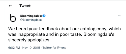 ergste marketing mislukt - de verontschuldigende tweet van bloomingdales