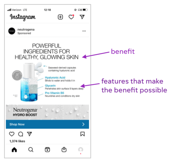 voorbeelden van advertentiekopieën - instagram-advertentie met kopie van functievoordeel
