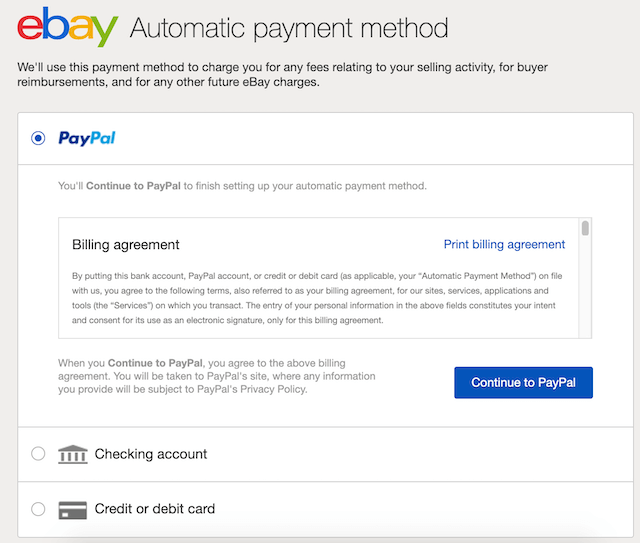 Voorbeeld van automatische betalingsmethode op eBay
