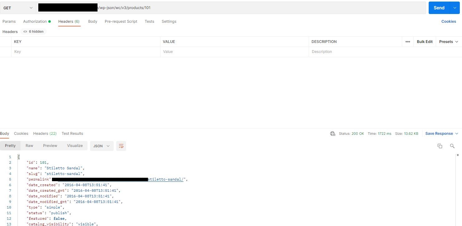 Postman screenshot van WooCommerce API-verzoek
